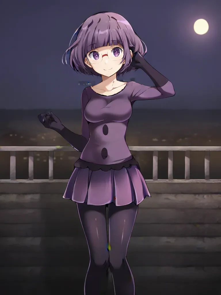 <lora:BWshauntaltsukishiro:0.7>
1girl, solo, shaunshikimital, purple hair, short hair, bob cut, blunt bangs, purple eyes, glasses, purple shirt, elbow gloves, purple skirt, pantyhose, outdoors, city, night, standing, hand on hair, smile