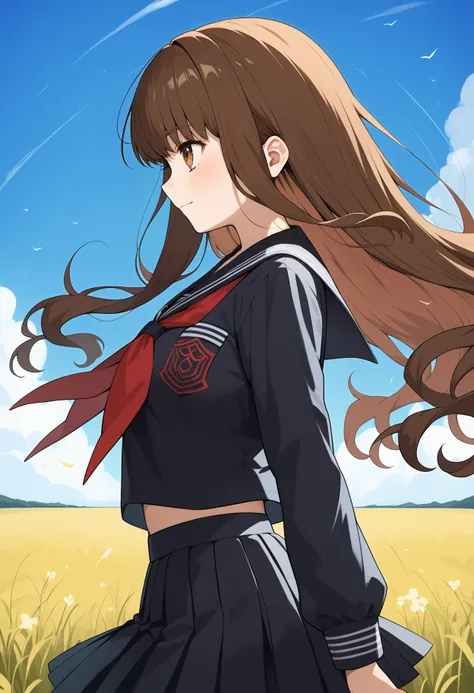 score_9, score_8_up, score_7_up, score_6_up, score_5_up, score_4_up, source_anime, aahakuno, long hair, brown hair, brown eyes, breasts, black serafuku, black sailor collar, red neckerchief, sailor shirt, black shirt, long sleeves, pleated skirt, black ski...