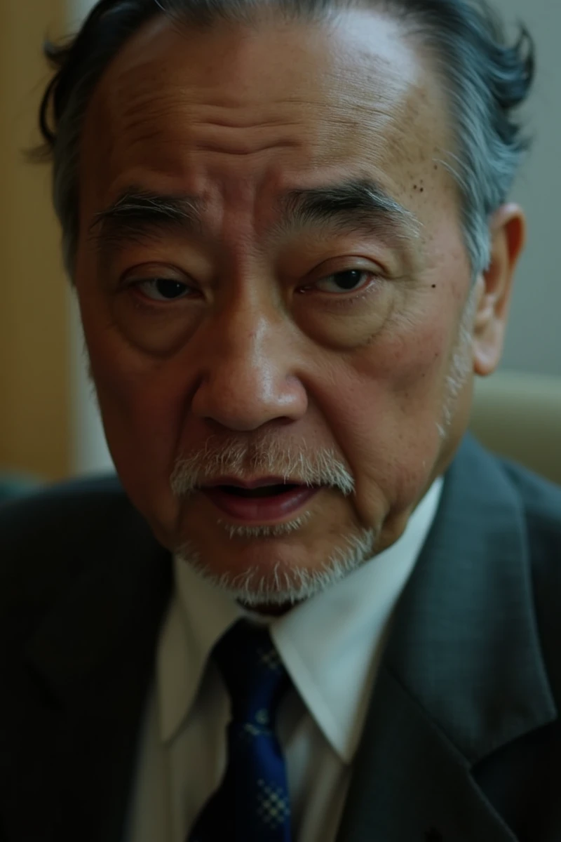 photo, poster,thinning hair, very old asian man, lhp, The image shows an elderly Asian man, engaging youtube thumbnail for the movie, killer, one eye close