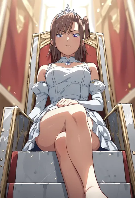 <lora:kimura_risa:0.75>
score_9, score_8_up, score_7_up, score_6_up,
score_5_up, score_4_up, source_anime, 
kimura_risa, 1girl, solo, purple eyes, brown hair, one side up,
dress, tiara, crossed legs,
sitting, on throne, throne, looking at viewer, from belo...