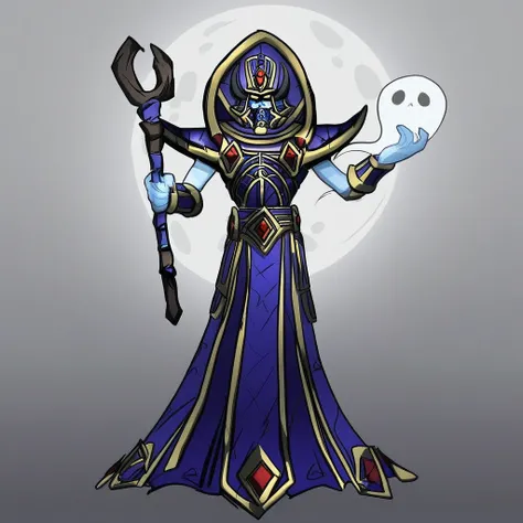 warcraft, parody, moon, full body, looking at viewer, helmet, multiple boys, grey background, dress, ghost, holding sword, gradient background, solo, staff, colored skin, solo focus