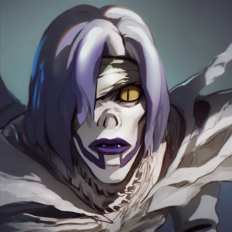 Rem, 1girl, solo, shinigami, monster girl, wings, face tattoos, one eye, yellow eye, bandage over eye, purple lips, white hair, purple hair tips, skeletal, looking at viewer, score_9, score_8_up, score_7_up