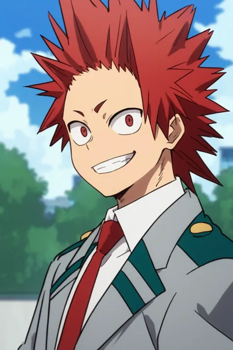 score_9, score_8_up, score_7_up,  1boy, solo, <lora:Kiri:0.8>, Kiri, red hair, spiked hair, red eyes, grin, looking at viewer, standing, school uniform, outdoors, upper body, necktie, jacket, medium shot,