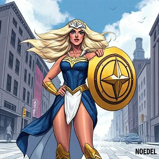 A female super hero standing on the city streets wearing a blue-white dress and holding a golden shield, silver tiara, long wavy blonde hair in the wind, BabsT style, (thin lines, flat colors, DC comic style:0.1), highly detailed, 8k. text "NOEDEL" signatu...