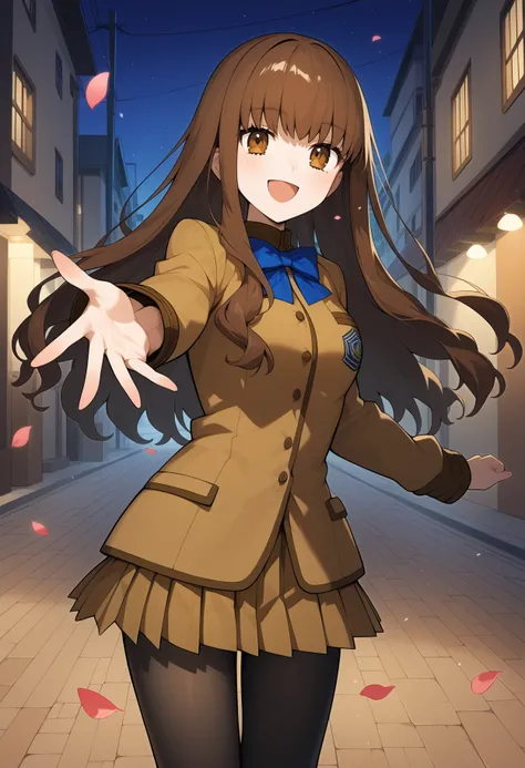 score_9, score_8_up, score_7_up, score_6_up, score_5_up, score_4_up, source_anime, aahakuno, long hair, brown hair, brown eyes, breasts, school uniform, blue bowtie, brown jacket, long sleeves, pleated skirt, brown skirt, black pantyhose, <lora:kishinami_h...