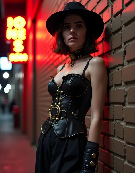 In a captivating, noir-inspired tableau, the enigmatic D4RC1D, with her raven-black hair cropped close to her head like a sleek, obsidian helmet, stands center stage in an atmospheric alleyway bathed in the soft glow of a single, swaying neon sign. Her uni...