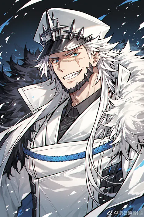 barton_(as), white hair, long hair, blue eyes, ((muscular)), (((mature male))), scar across eye, white hat, white coat, fur trim, sharp teeth, smile, score_7_up, best quality, amazing quality, best aesthetic, absurdres, KA