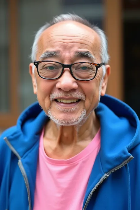 photo, poster,thinning hair, very old asian man, lhp, The image shows an elderly Asian man, smiling old bald guy with wire-rimmed glasses with blue hoody and blue eyes, with small ears, pink t-shirt under hoody