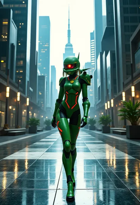 zaku, Inside a futuristic city, she walks through a plaza surrounded by skyscrapers. Her suit, a brilliant mix of traditional Zaku green and neon streaks, reflects off the polished surfaces around her, turning heads as she strides confidently.