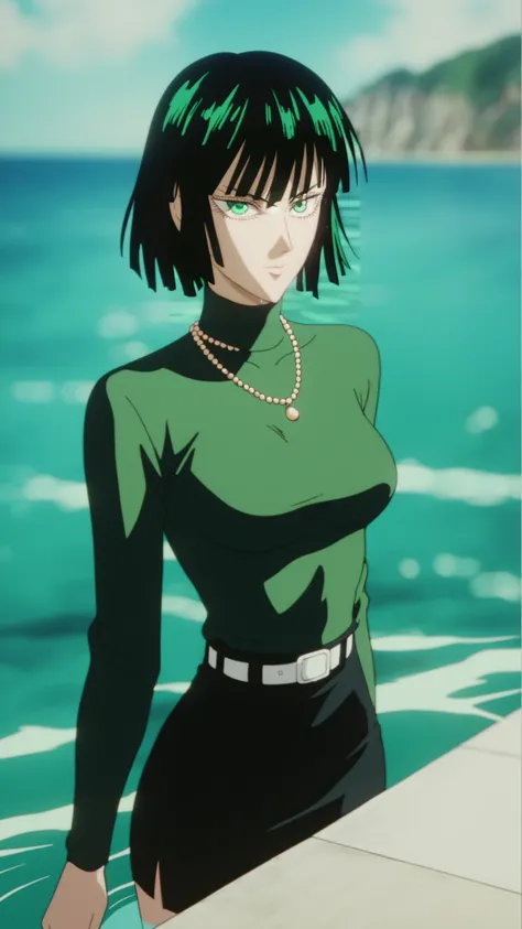 Analog style, vhs style, Dvd screengrab, old anime, classic anime, score_9, score_8_up, score_7_up, i want the whole image to be created in 3D anime style, 1girl, solo, breasts, looking at viewer, short hair, bangs, skirt, black hair, long sleeves, dress, ...