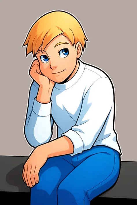 powerpack_alex,, 1boy,solo,blonde hair,short hair,male focus,blue eyes, white shirt,blue pants,head_rest,cheek squish,sitting