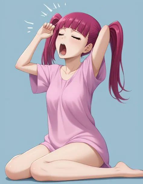 <lora:Riruka v1:1>, riruka dokugamine, oversized tshirt, yawn, sitting, bare legs,, 1girl, solo, simple background