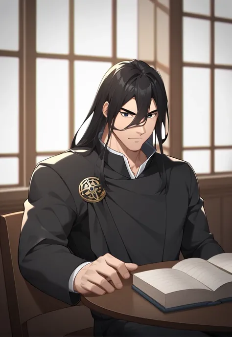 score_9, score_8_up, score_7_up, score_6_up, score_5_up, score_4_up, 1boy,, solo, adult, edward, black hair, black eyes, long hair, hair between eyes, bangs, black robes, male focus, magic academy, good eyes, good face, detailed face, detailed eyes, perfec...