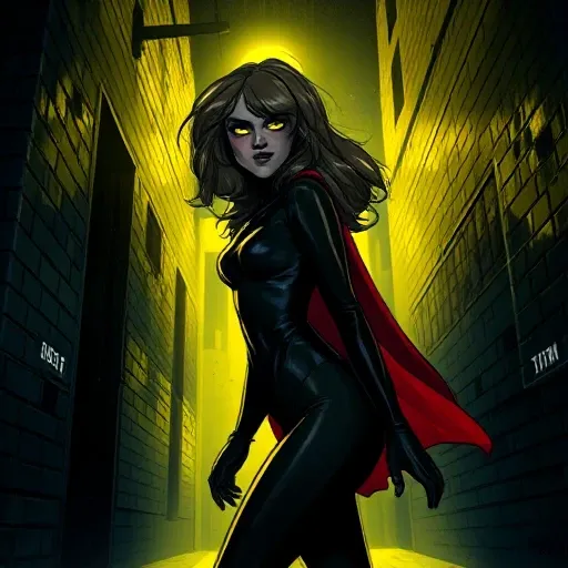 sexy 18yo teen girl side view walking through a dark alley, yellow glowing eyes, surrounding lit in the yellow light from her eyes, tight shiny black bodysuit and a red cape behind her, a sensual walk to get attention, realistic dark lighting, BabsT style,...