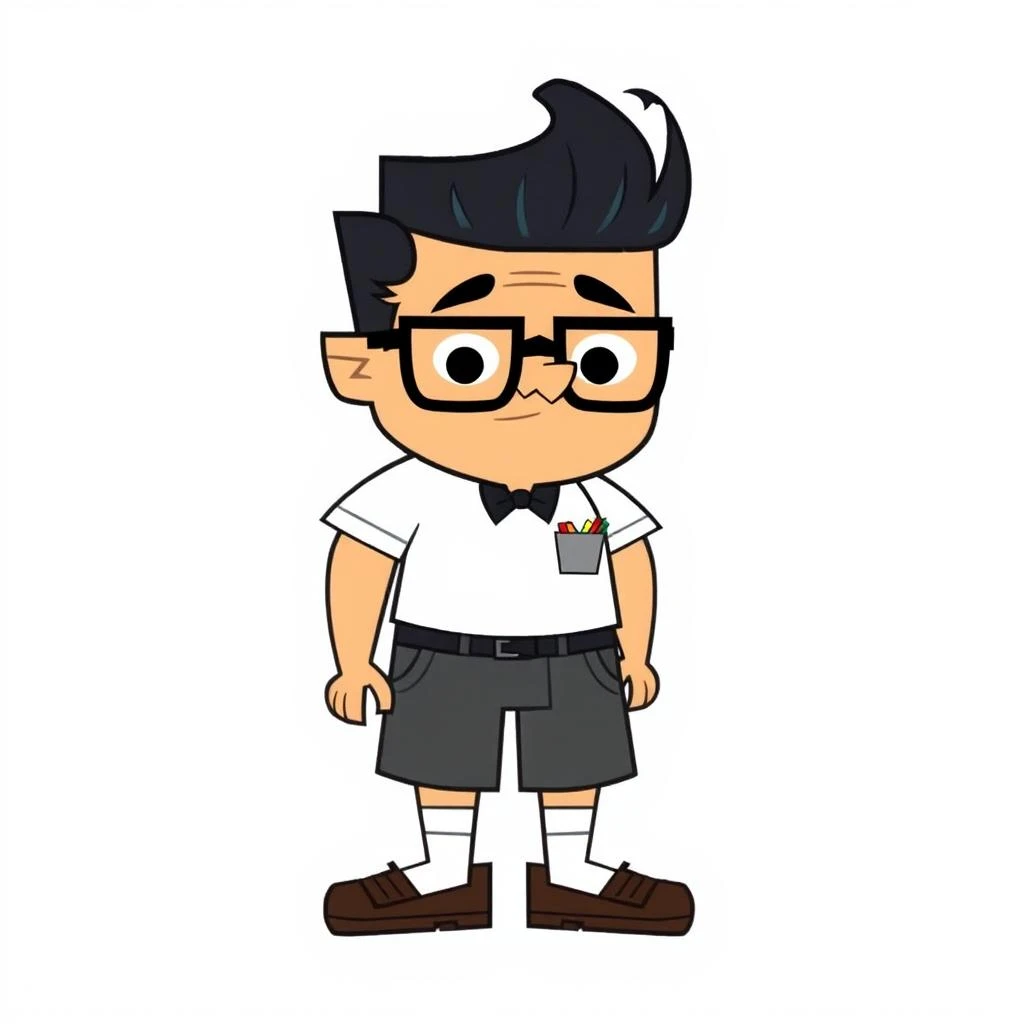 TTLDRMCHR cartoon illustration. The subject in the image is a stylized, cartoonish male character with exaggerated features, giving him a quirky and nerdy appearance. Below is the detailed description: Face: The character has an elongated, angular face wit...