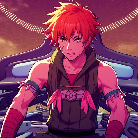 score_9, score_8_up, score_7_up, score_6_up, score_5_up, score_4_up, source_anime, BREAK,rating_safe,apollo (aquarion),1boy,solo,male focus,scar,scar on face,bandaged arm,necklace,feathers,armband,belt,cowboy shot,dial,honeycomb background,mecha,cockpit,re...