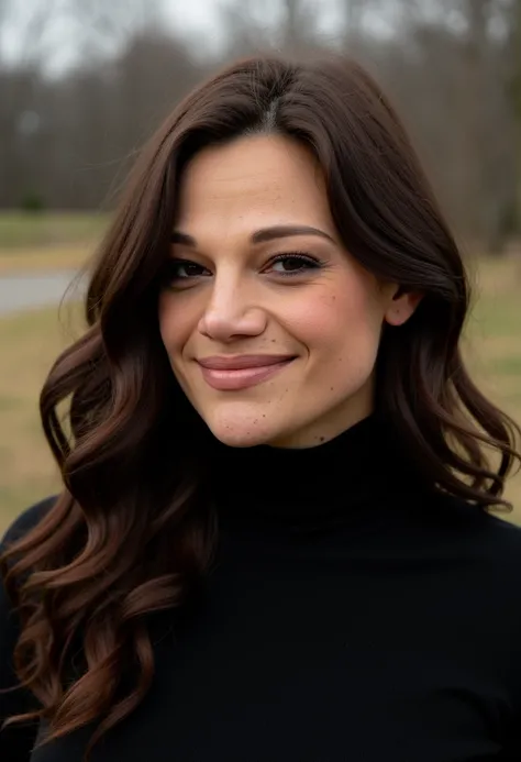 subtle grain, cinematic quality, professional portrait of a woman, black turtleneck sweater, makeup, long wavy brown hair, fine art photography, film still, movie scene, outdoors, smile,