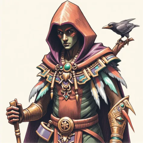 0ilpast3l, Mayan themed hooded wizard, multicolored feathered cloak, shoulder guard, green gem necklace, utility belt, gold patterns on hood, gauntlets, raven staff