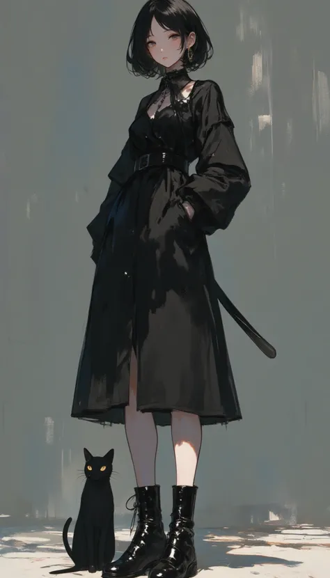 a woman in a black dress and boots standing next to a black cat,anime
