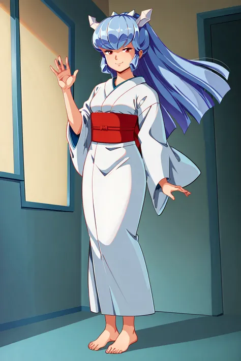 score_9, score_8_up, score_7_up, score_6_up, BREAK, OyukiUYXL, red eyes, blue hair, long hair, bangs, sidelocks, horns crystal, small breasts, white kimono, red sash, barefoot, solo, mature female, full body, standing, waving, seductive smile, looking at v...