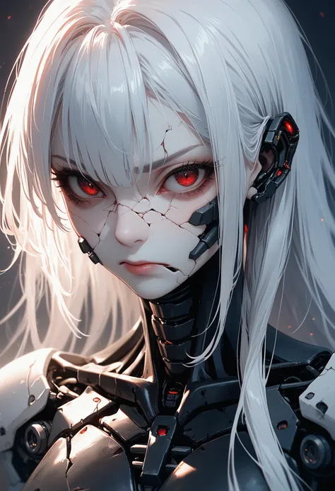 cyber girl with pale,cracked skin gazes sideways,her fragile form encased in a cyborg exoskeleton. Hydraulic mandibles frame her mechanical mouth. Intricate dieselpunk engines and hydraulics surround her in a harsh,gothic environment. Dark red eyes reflect...