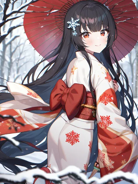 1girl,snowflake hair ornament,japanese clothes,umbrella,kimono,long hair,solo,oil-paper umbrella,red eyes,holding umbrella,hair ornament,white kimono,black hair,outdoors,looking at viewer,snow,holding,smile,red umbrella,tree,bare tree,winter,snowing,snowfl...