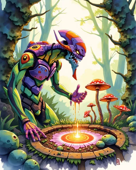 aiai-3v4, fungalmancer, a humanoid shroom creature, casting a magic circle to summon shroomlings from out of the verdant soil, magical glyphs, watercolor painterly style