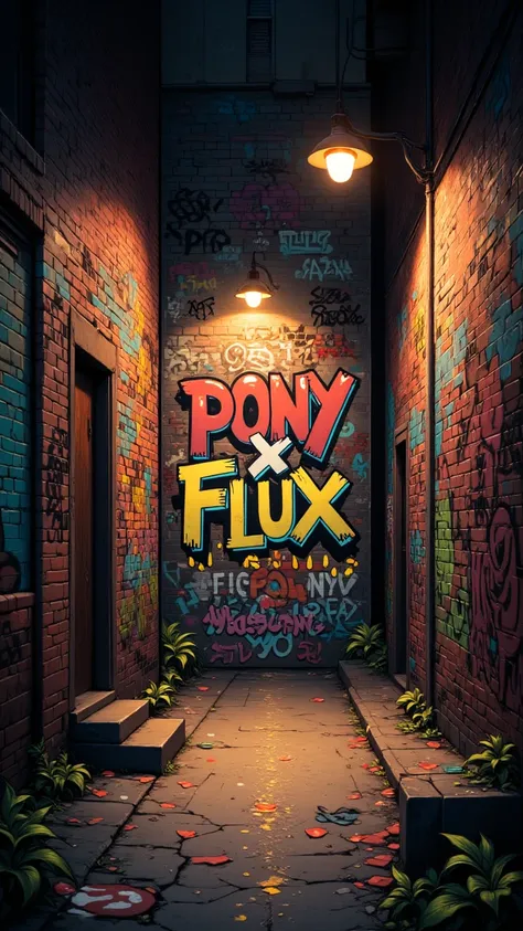 A graffiti-covered urban alley, with with Text:"Pony x FLUX" spray-painted in bold, colorful letters on the wall, under a streetlamp.  , aidmaponystyle