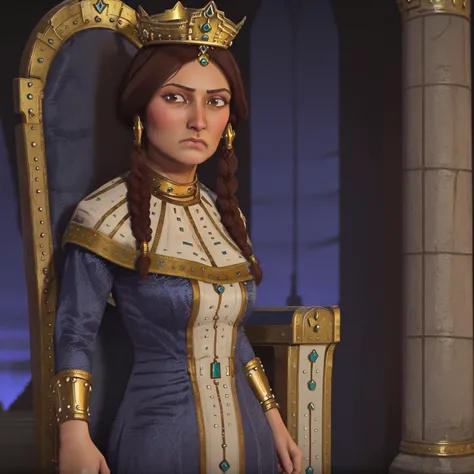 1girl, solo, tamar, blue and white dress, gold trim, gold jewelry, gold crown, brown hair, brown eyes, braid, twintails, dark-skinned female, frown, dismissing viewer, castle throne room