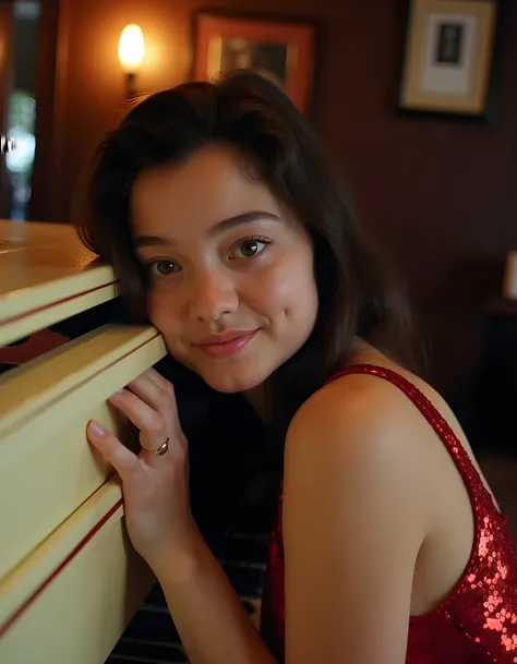 A high-definition close-up image captures R5N0W83R, a woman with striking brown eyes and black hair, casually leaning against an antique, ivory piano in the dimly lit, vintage speakeasy. Her closed mouth forms a subtle smile as she wears a unique outfit of...