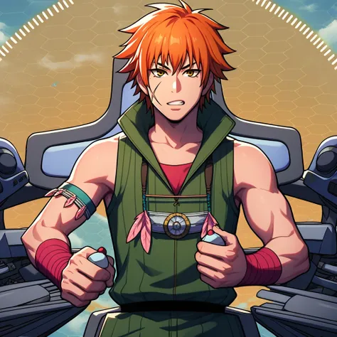 score_9, score_8_up, score_7_up, score_6_up, score_5_up, score_4_up, source_anime, BREAK,rating_safe,apollo (aquarion),1boy,solo,male focus,scar,scar on face,bandaged arm,necklace,feathers,armband,belt,cowboy shot,(dial:1.1),honeycomb background,mecha,cock...