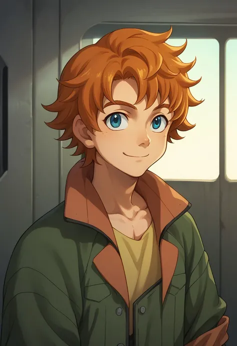 score_9, score_8_up, score_7_up, source_anime, highly detailed, 
ridemass, 1boy, male focus, solo, smile, blue eyes, upper body, orange hair, jacket, green jacket, rolled up sleeves, 
indoor, hangar,