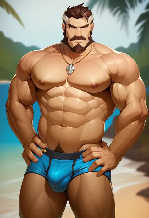 score_9, score_8_up, score_7_up, score_6_up, (source_anime), hoganafk, standing, hands on hips, nude, bara, muscular male, plump, thick, chubby, (thick arms), blue boxers, bulge, beach, zPDXL2, zPDXLrl    <lora:Hogan_AFK-000014:0.75>