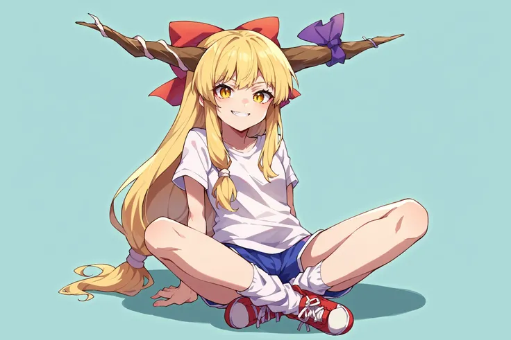 score_9, score_8_up, source_anime, outdoors, abstract background, sitting, leaning back
BREAK
1girl, solo, ibuki suika, horns, low-tied long hair, blonde hair, yellow eyes, hair bow, t-shirt, gym shorts, socks, sneakers, smirk, looking at viewer
 <lora:cha...