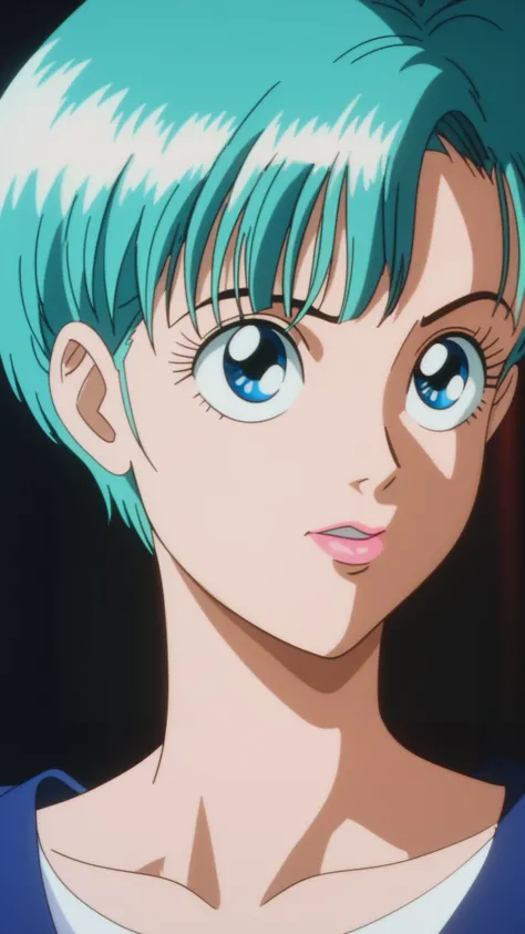 Analog style, vhs style, Dvd screengrab, old anime, classic anime, masterpiece, best quality, Half body portrait, 1girl, realistic, teen girl, (((Bulma)) character in real life), true light, pin-up, beautiful, sexy, colourful, smooth skin, illustration, ar...