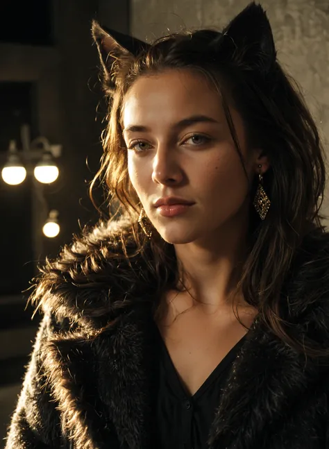 catgirl,earrings,cat ears,wearing dark fur coat,warm lighting,