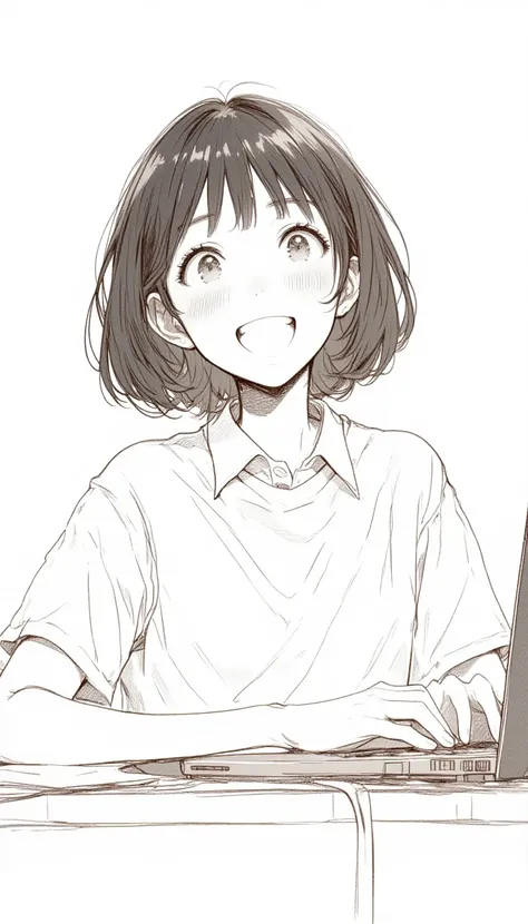 a rough marker sketch of a Asian teenage girl with short hair is using laptop while sitting in front of a desk, excited expression
