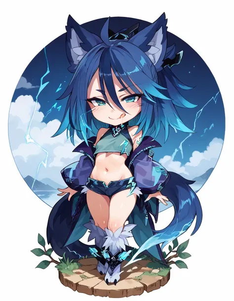 (Score_9, score_8_up, score_7_up), (masterpiece), (expressive eyes), (chibi), (raiju), gradient hair, glowing hair, dark blue hair to cyan hair, electricity, lightning, animal ears, tail, microshorts, crop top, drooling, saliva strands, tongue out, licking...