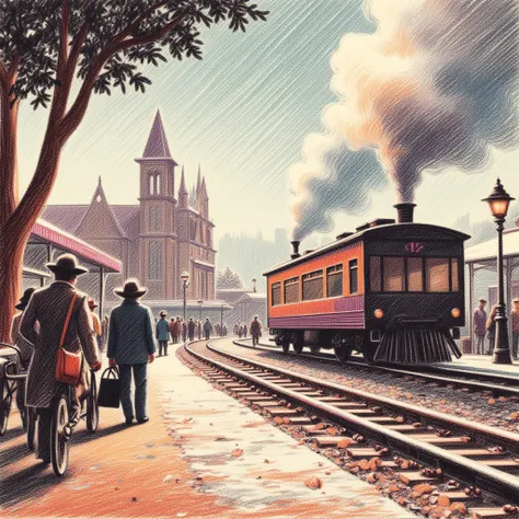 0ilpast3l, A bustling train station in the 1920s, abstract color.