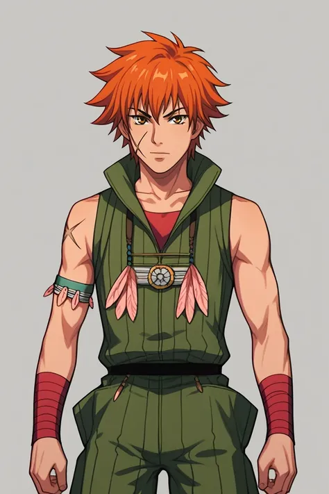 score_9, score_8_up, score_7_up, score_6_up, score_5_up, score_4_up, source_anime, BREAK,rating_safe,apollo (aquarion),1boy,solo,male focus,scar,scar on face,jumpsuit,bandaged arm,necklace,feathers,armband,belt,cowboy shot