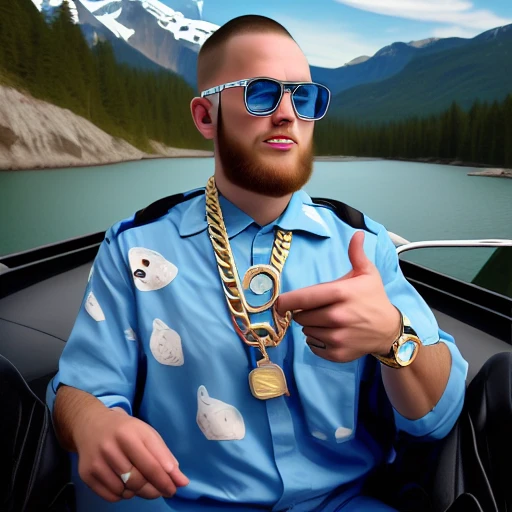 simple background, blue shirt, motor vehicle, mountain, facing viewer, hand in pocket, computer, bulge, music, black jacket, glasses, chain, pointing, bracelet, boat, couch, arm tattoo, cat