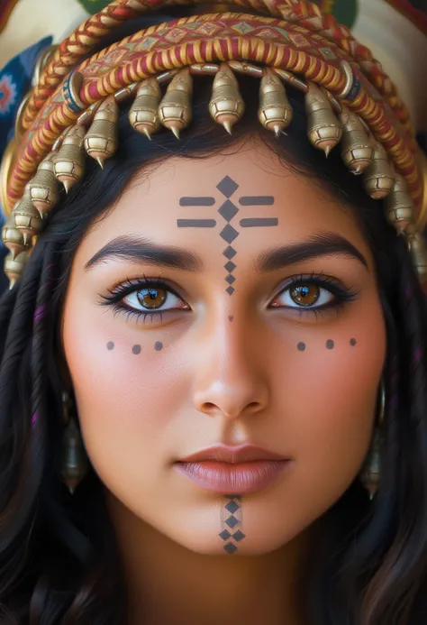 A striking portrait of a woman with deep, soulful brown eyes and long, dark wavy hair, adorned with tasfift headress. Her face  is intricately decorated with usham tribal tattoos, featuring dots on her sheeks and geometric patterns on her forehead lines on...