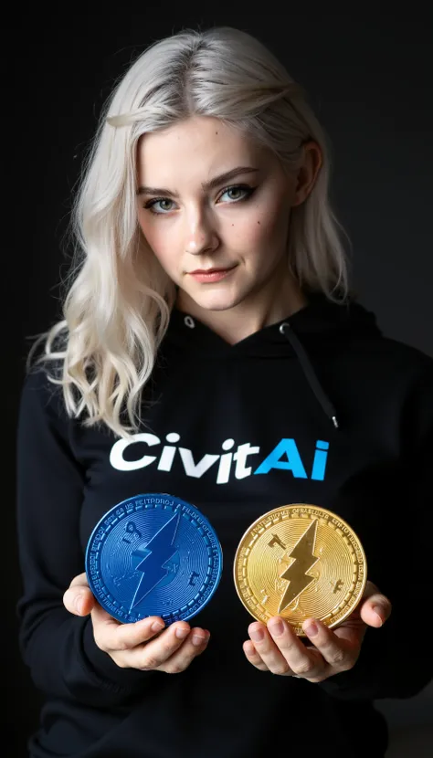 photo of a p3r5on with pale skin and long, platinum blonde hair styled in loose waves standing in shadows.looking at viewer with a serious expression. shw is wearing black hoodie with word "CivitAI" printed on it, "Civit" in white letters and "AI" in blue ...