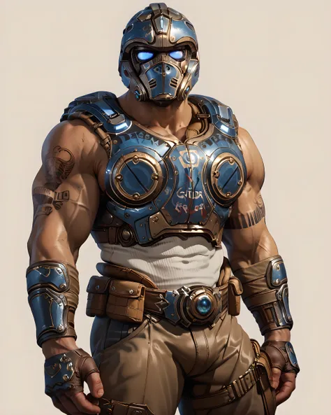 clayton_carmine, looking at viewer, armor, helmet, muscular, bara, simple background, standing, long pants, tattoo, cowboy shot <lora:Clayton_Carmine_PonyXL-10:0.9>, score_9, score_8_up, score_7_up, score_6_up,