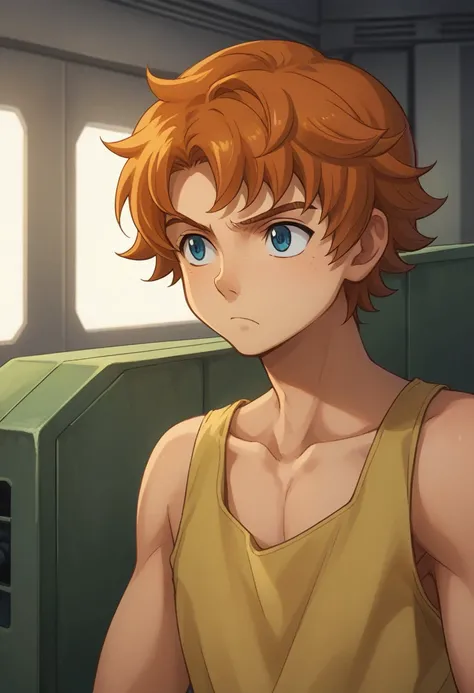 score_9, score_8_up, score_7_up, source_anime, highly detailed, 
ridemass, 1boy, male focus, solo, frown, parody, blue eyes, upper body, orange hair, tank top, yellow tank top, collarbone,
indoor, hangar,