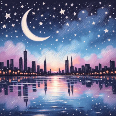 0ilpast3l, A 2D cityscape under a crescent moon and a sky full of twinkling stars, with the city lights reflecting on the water, all set in an abstract, dark, and colorful scene.