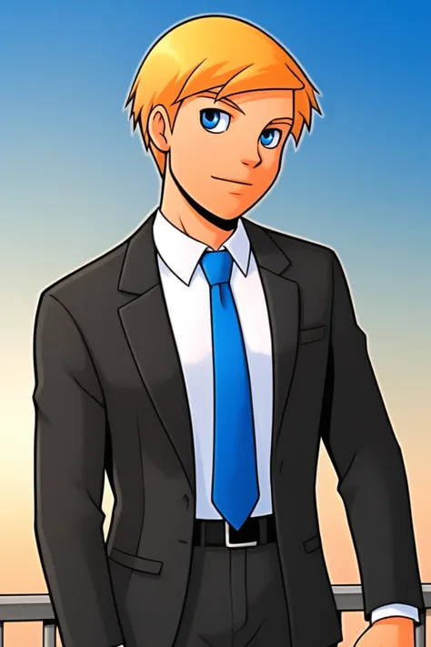 powerpack_alex,, 1boy,solo,blonde hair,short hair,male focus,blue eyes, sky,business suit,necktie,formal