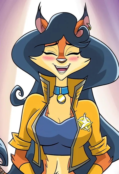 score_7_up, score_8_up, score_9, masterpiece, perfect face, perfect hands, high quality,
Carmelita Fox, cartoon, furry, anthro, anthro fox, female, solo, orange fur, long dark blue hair, wavy blue hair,
yellow jacket, yellow gloves, blue sports bra, blue m...