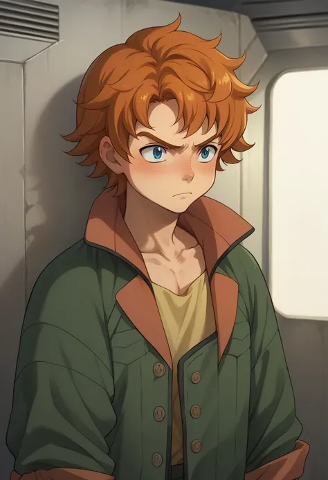 score_9, score_8_up, score_7_up, source_anime, highly detailed, 
ridemass, 1boy, male focus, solo, blush, frustrated, blue eyes, upper body, orange hair, jacket, green jacket, rolled up sleeves, 
indoor, hangar,