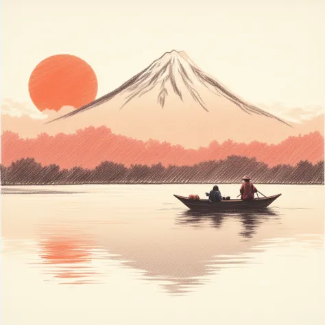 0ilpast3l, traditional japanese art style, ink on paper, traditional japanese fisherman on boat in lake, mount fuji, sunset, wabi-sabi, henna and carmine, sepia, minimal brush strokes